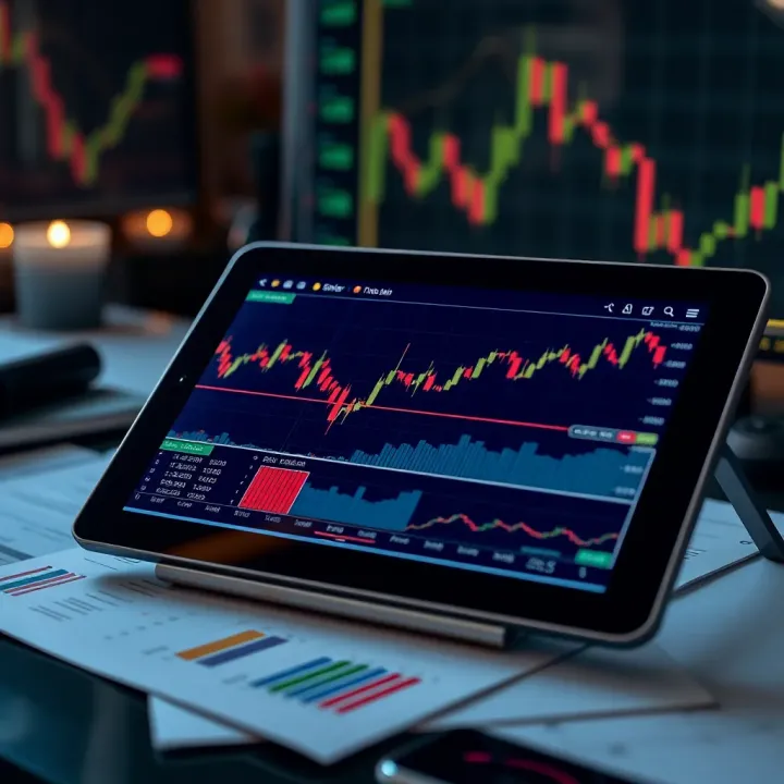 Tablet Featuring Financial Graphs and Trading Applications for Investors Modern tablet with financial graphs and trading apps open, placed on a desk with financial documents