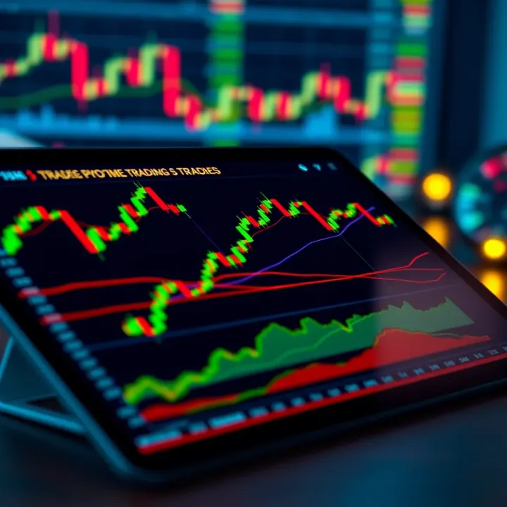 Close-up of a modern tablet with trading app interface and colorful candlestick graphs