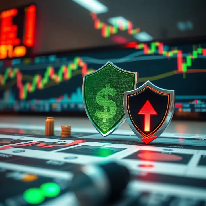 Conceptual illustration of risk management strategies in forex trading with graphs and protective shields