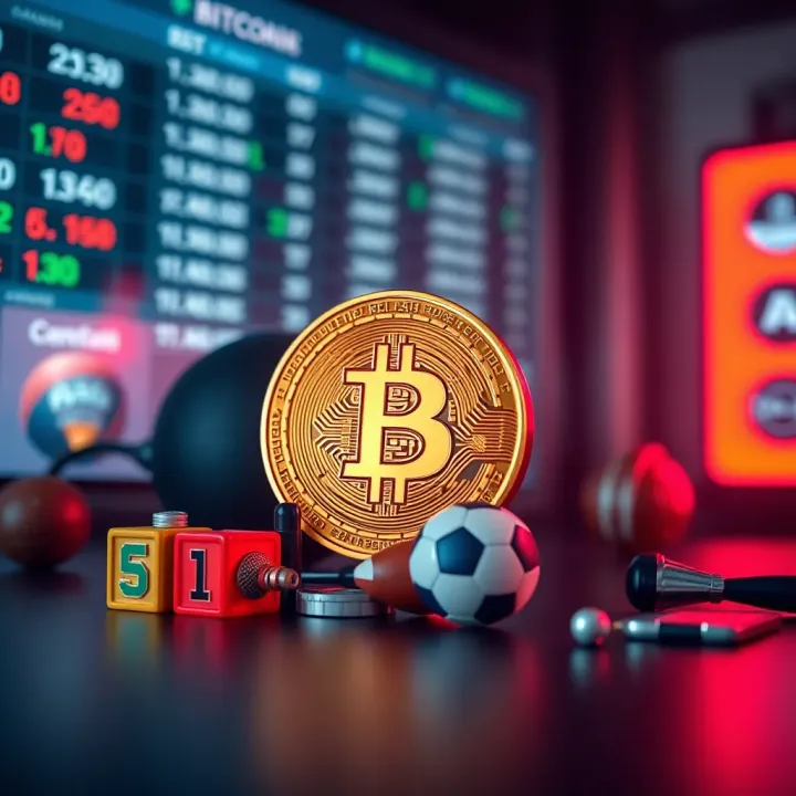 Digital representation of bitcoin coin next to sports icons and betting odds on a neon-lit background