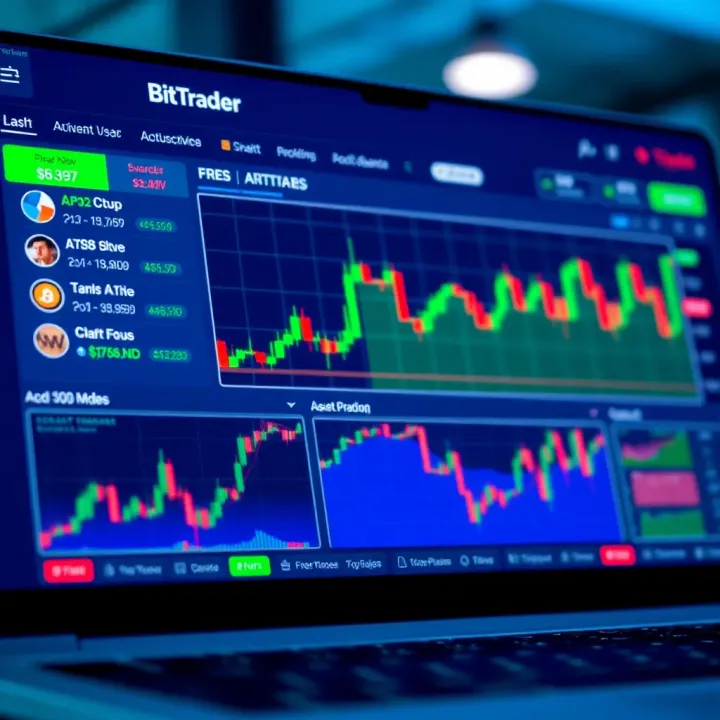 User interface of BitTrader showing trading dashboard with charts and asset options