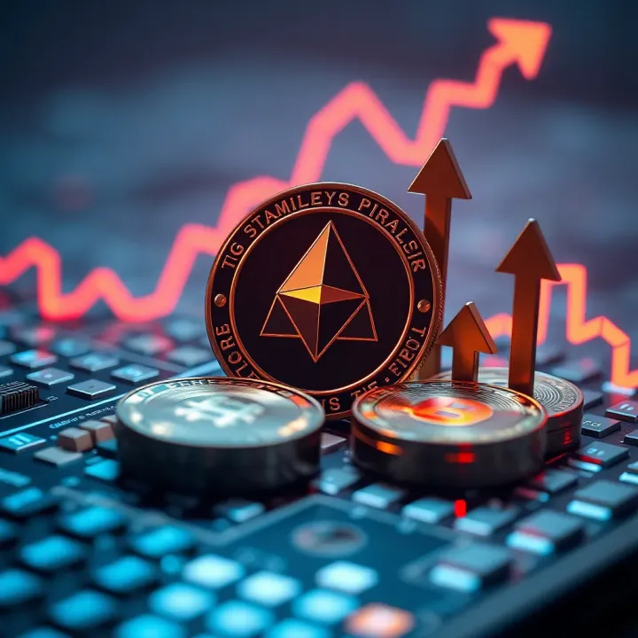Illustration of blockchain technology with digital coins and upward market arrows