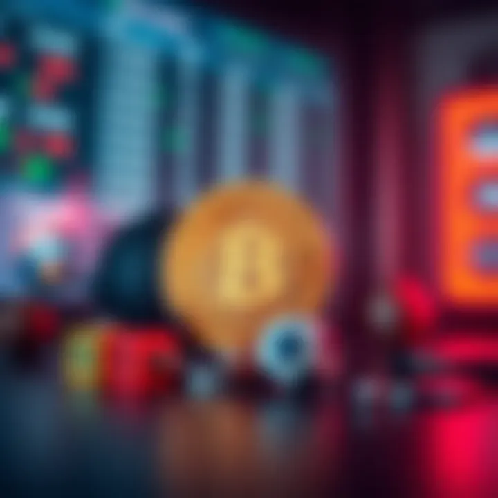 Digital representation of bitcoin coin next to sports icons and betting odds on a neon-lit background