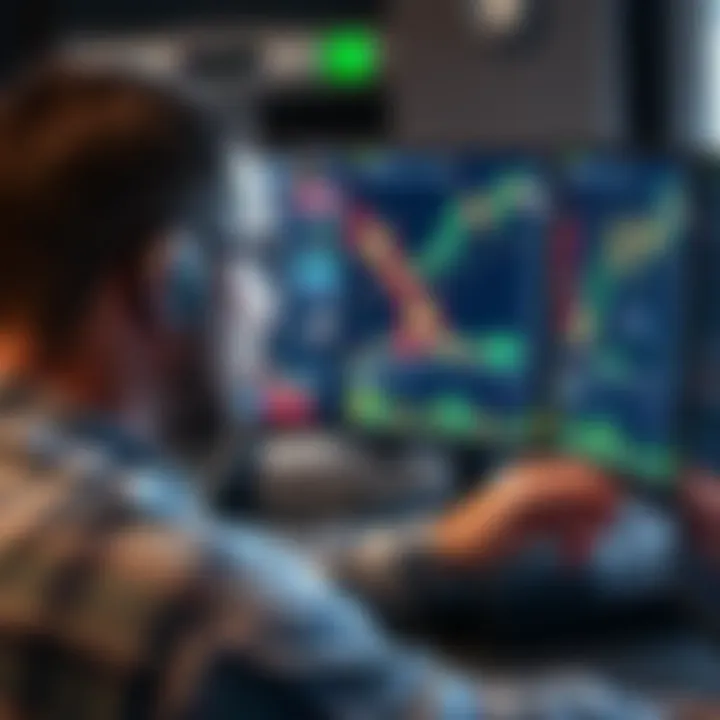 Forex trader analysing currency charts on multiple monitors with financial graphs and trading tools