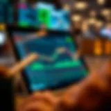 Tablet displaying a dynamic stock trading application with real-time market data and charts