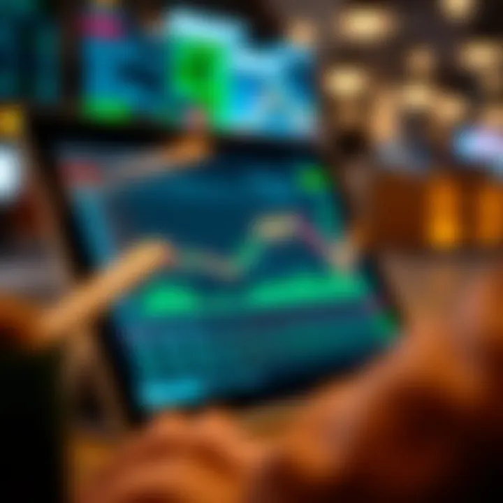 Tablet displaying a dynamic stock trading application with real-time market data and charts