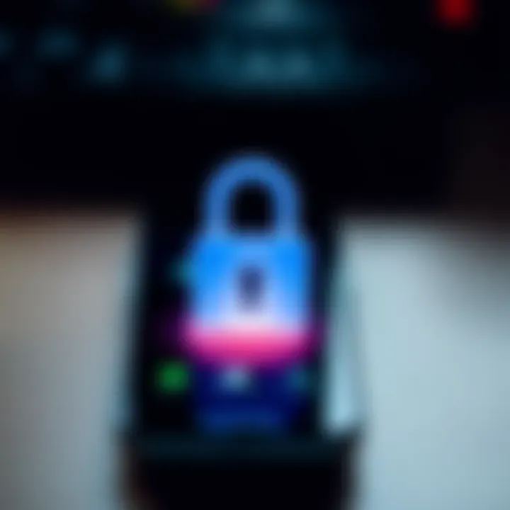 Secure digital padlock icon overlaid on a smartphone with investment and security symbols