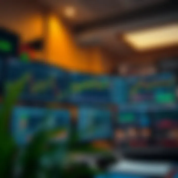 A strategic workspace with multiple screens showing forex trading platforms and market analysis