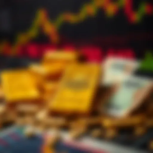 Illustration of gold bars with Indian currency and stock market indicators reflecting investment perspectives