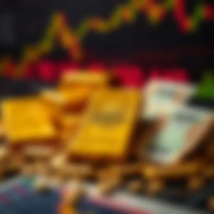 Illustration of gold bars with Indian currency and stock market indicators reflecting investment perspectives