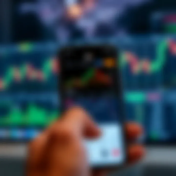 Mobile device displaying QXBroker app interface with trading charts and analytics