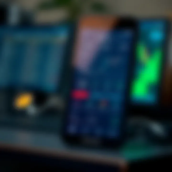 Mobile device showcasing QXBroker trading app with easy navigation and account features