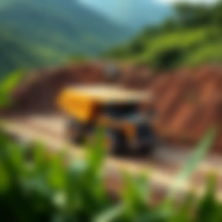 Illustration showing eco-friendly mining equipment operating amid green landscapes representing sustainable mining methods