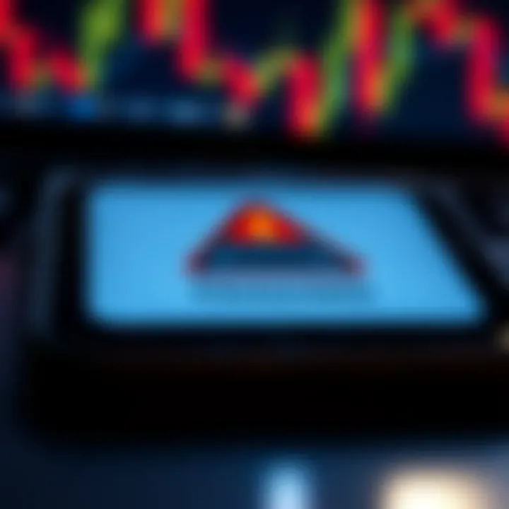 Representation of a mobile device displaying a fake trading app with warning symbols indicating potential fraud