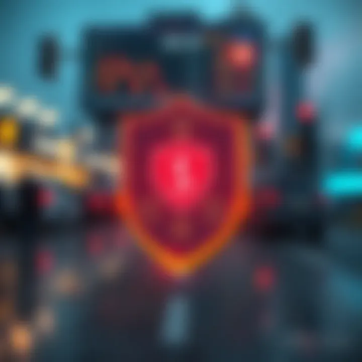 Graphic illustrating a shield protecting financial assets with icons symbolizing detection and prevention of digital trading scams