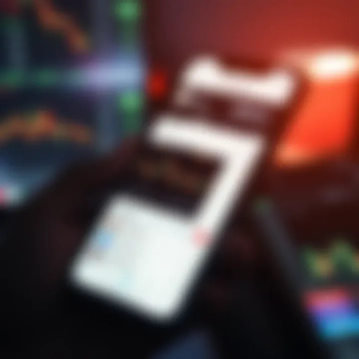 Mobile Trading Application Interface with Market Charts Smartphone displaying a financial trading application interface with charts and investment options