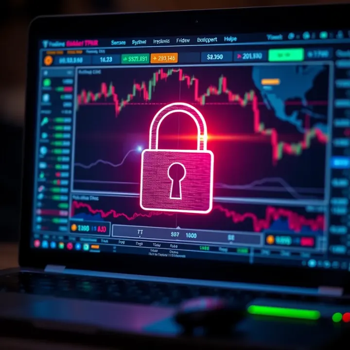 Secure login screen with encryption symbols representing safe access to online trading platforms