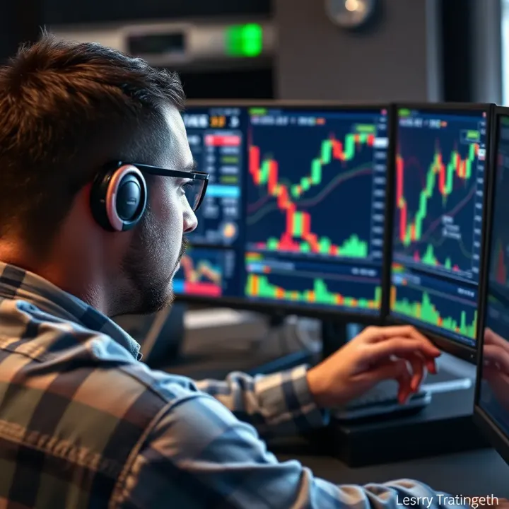 Forex trader analysing currency charts on multiple monitors with financial graphs and trading tools