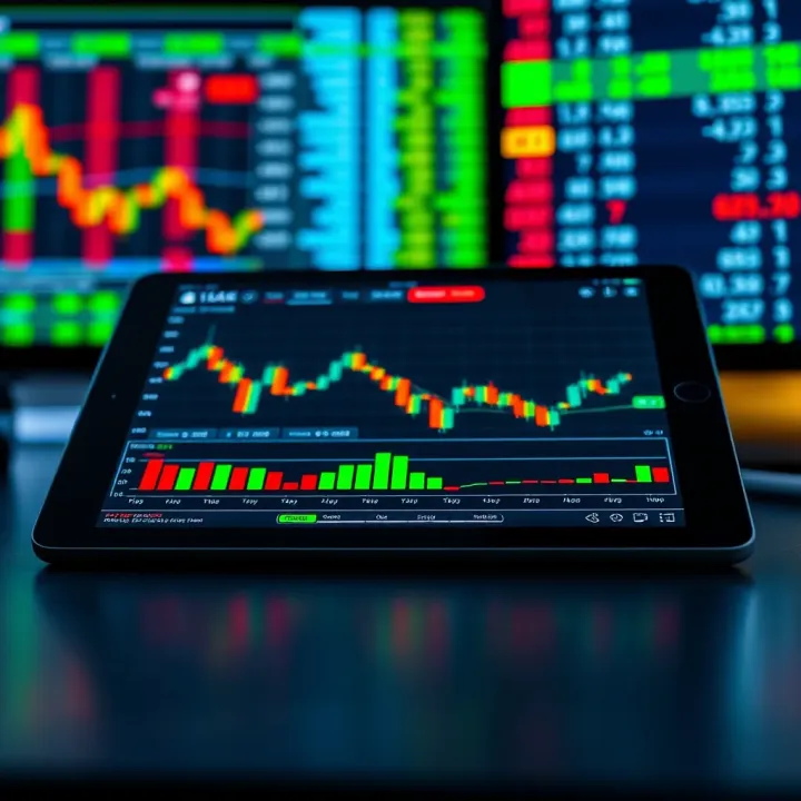 Close-up view of an iPad displaying a stock trading application with charts and market data