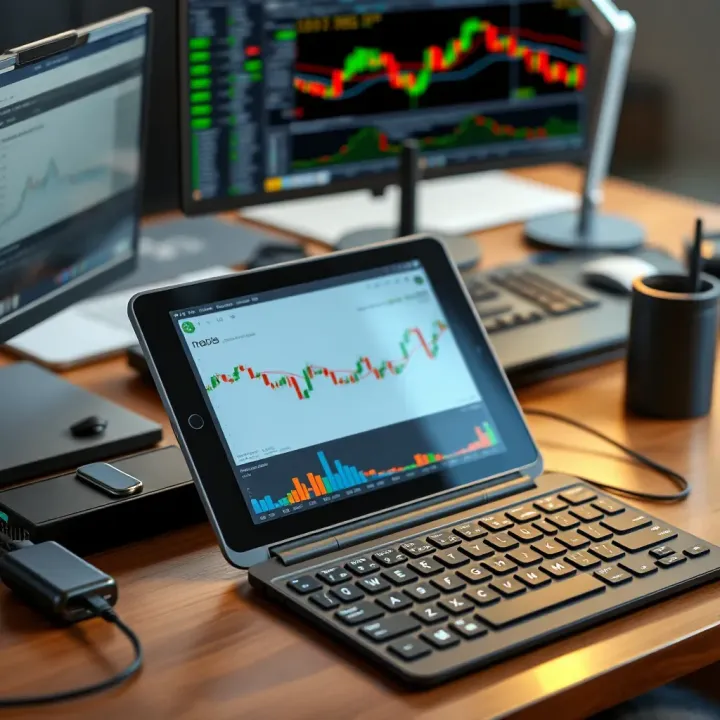 Workspace setup featuring an iPad with trading applications, wireless keyboard, and a portable charger