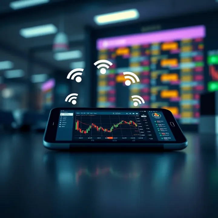 Setup of a tablet with trading apps, wireless connectivity icons, and investment tools