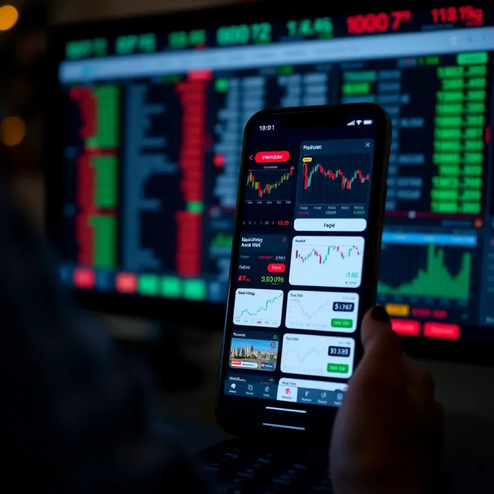 Mobile phone displaying various trading app interfaces with graphs and market trends