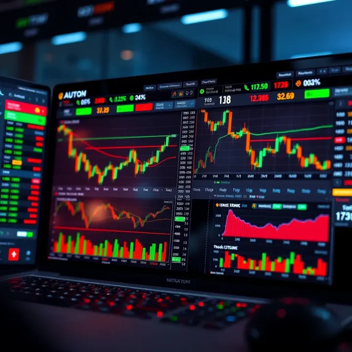Dashboard showing various trading platforms with charts and market data for stocks, commodities, and currencies
