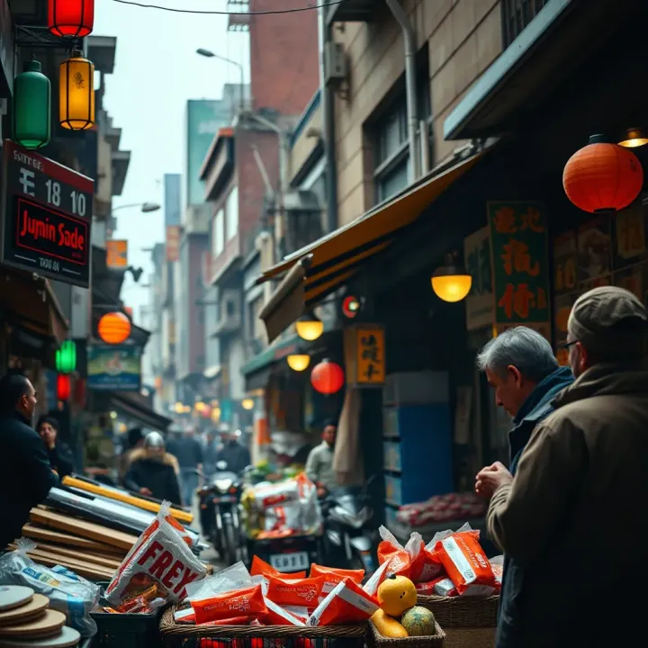 Bustling urban market with traders actively engaging in commerce and exchanging goods