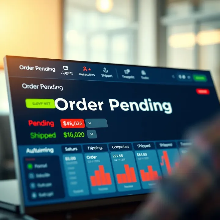 An illustration showing a business dashboard with various order statuses including pending, completed, and shipped