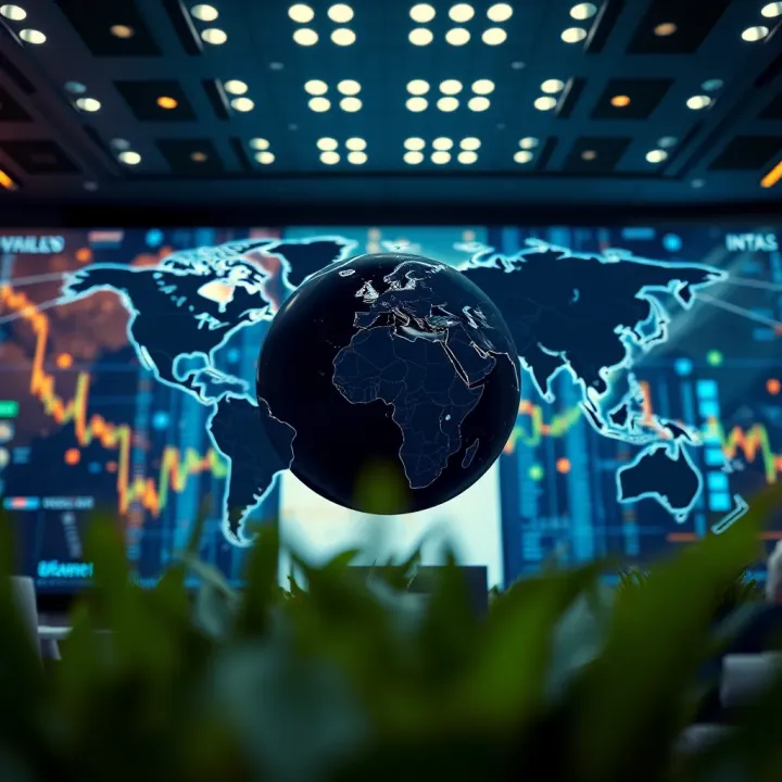 Global asset management firm headquarters with digital world map showing investment network connections