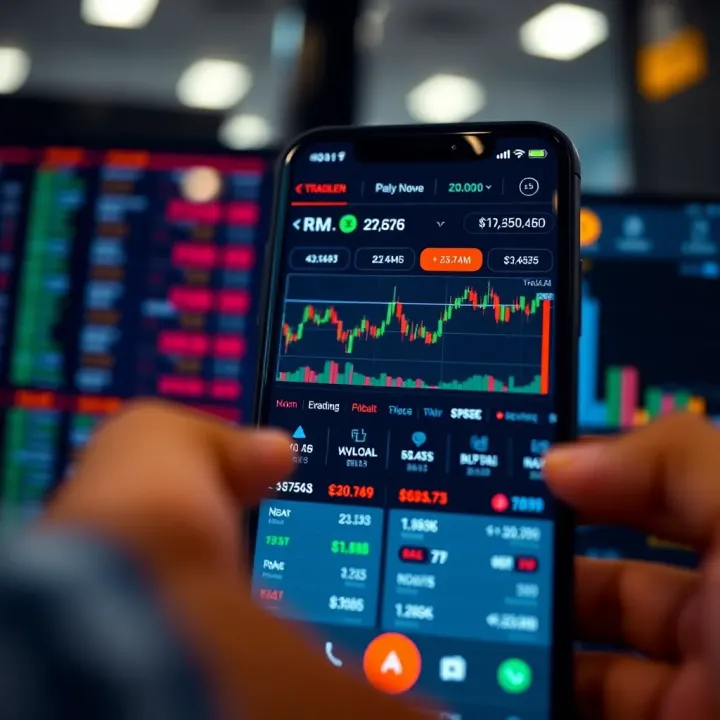 Secure mobile trading app interface showing stock market graphs and financial metrics