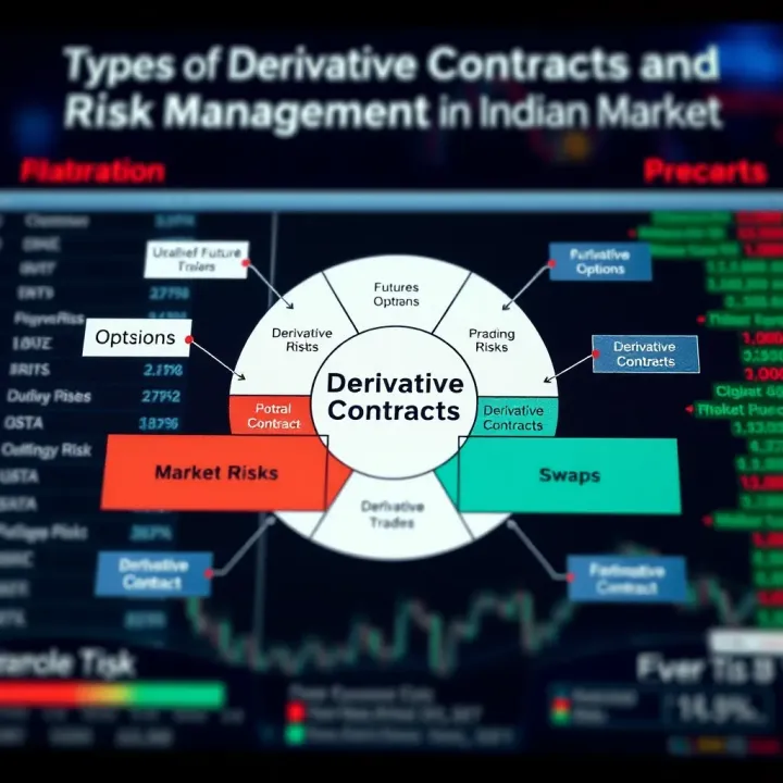 Diagram showing different types of derivative contracts including futures, options, and swaps with connections to market risks and regulations in India