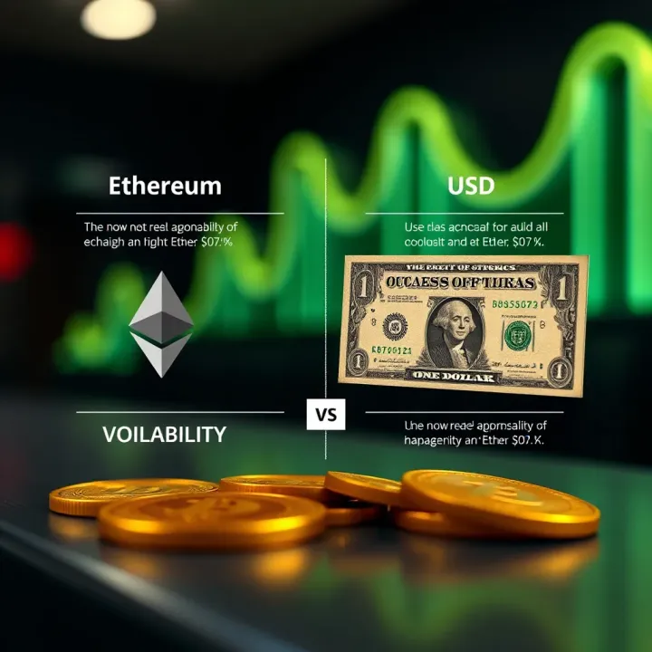 Diagram illustrating key differences in usability and volatility between Ethereum and US Dollar