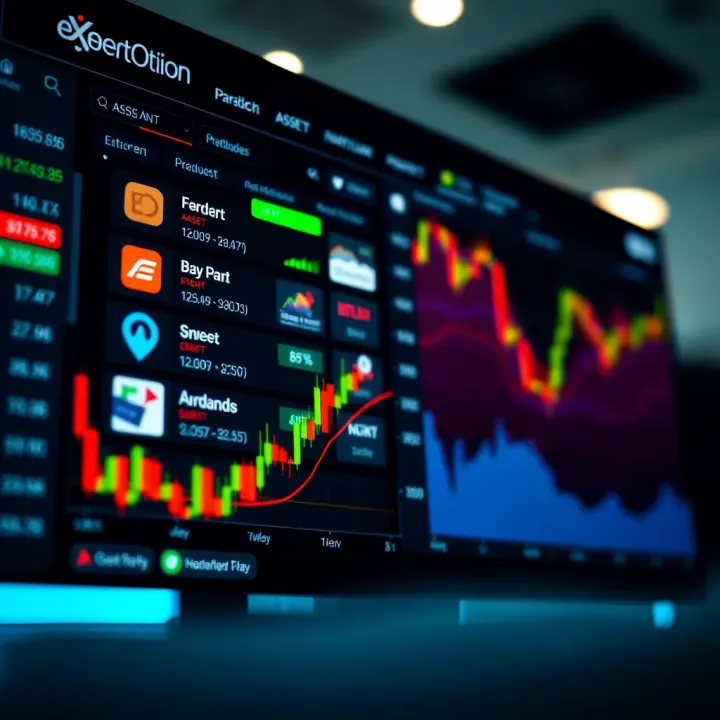 Screenshot of ExpertOption trading interface showing various asset options and real-time market data