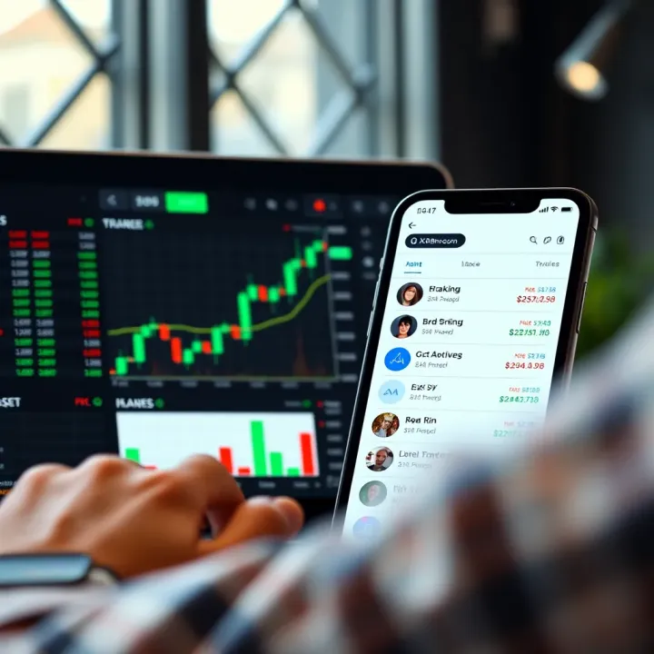 QXBroker.com app interface showing real-time trading charts and asset options