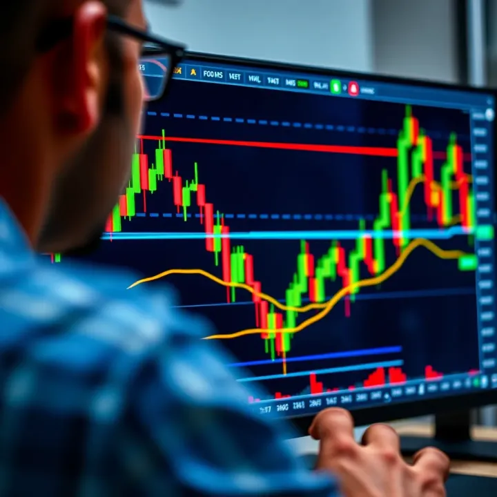 Close-up of trading screen displaying forex charts and candlestick patterns