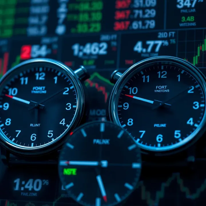 Clock faces showing overlapping periods of different forex market sessions with trading activity indicators