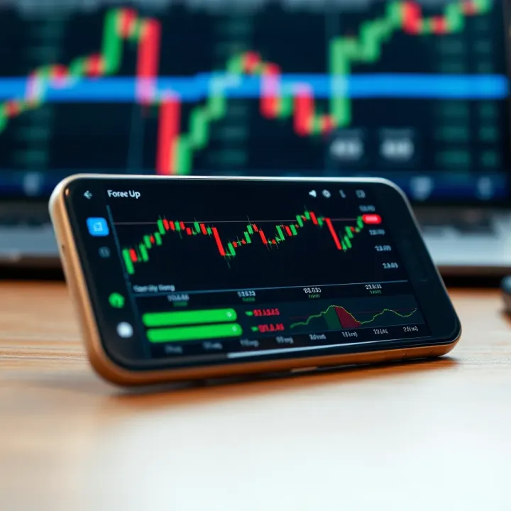 Mobile device displaying a forex trading app interface with currency charts and trading options