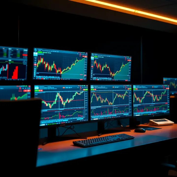 Professional trading desk featuring four flat-screen monitors displaying financial charts and market data