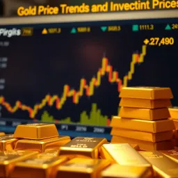 Gold bars stacked with a global financial chart overlay showing price fluctuations