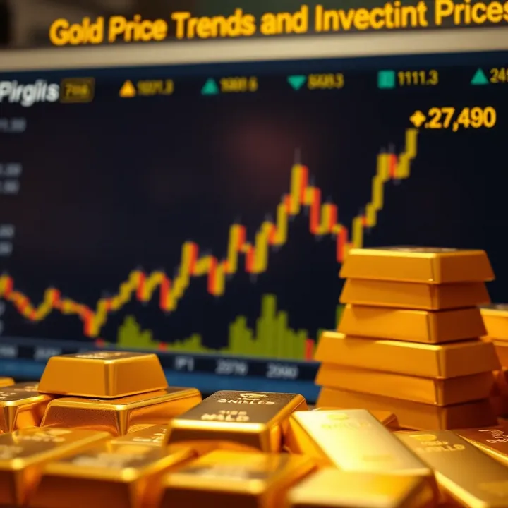 Gold bars stacked with a global financial chart overlay showing price fluctuations