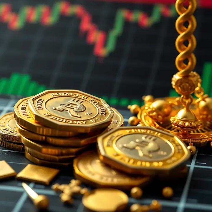 Indian rupee coins with gold jewelry and a market analysis graph in the background