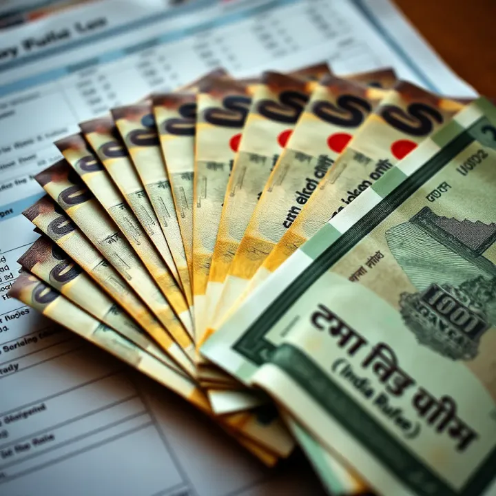 Closeup of Indian rupee notes fanned out on a financial document