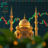 Conceptual illustration of Islamic finance principles with symbols of a mosque and stock market graphs