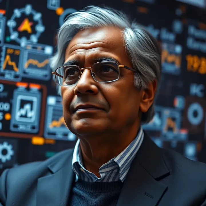 Kris Gopalakrishnan: Pioneer of Indian IT Innovation Portrait of Kris Gopalakrishnan with a backdrop of digital technology symbols