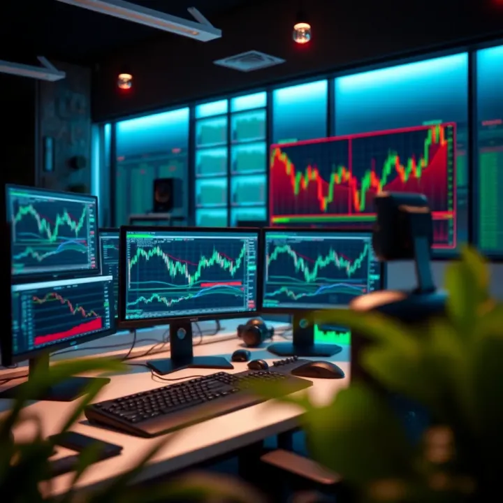 Ergonomic workspace with multi-monitor arrangement for efficient stock market analysis and trading