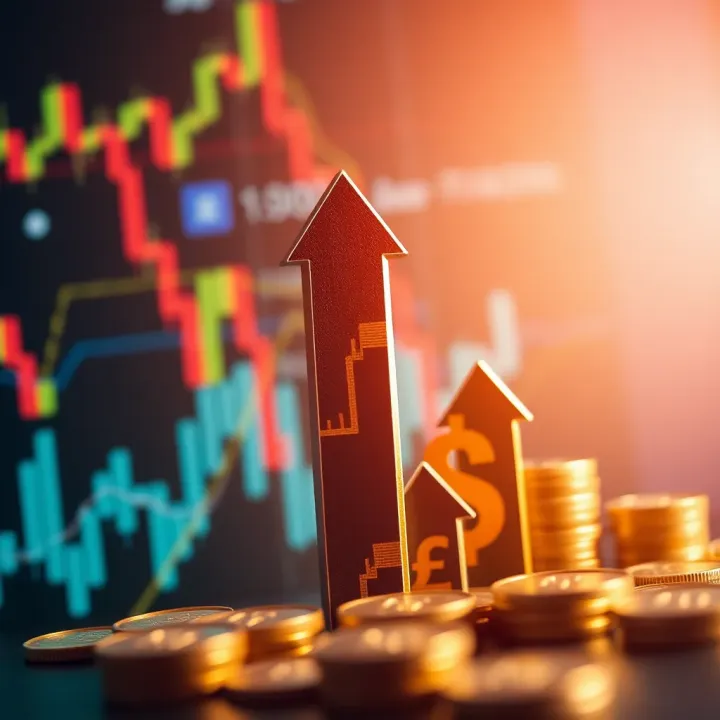 Illustration of financial growth concept with upward arrows and currency symbols against market analysis background