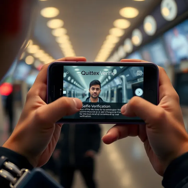 User holding smartphone displaying Quotex selfie verification screen with clear instructions