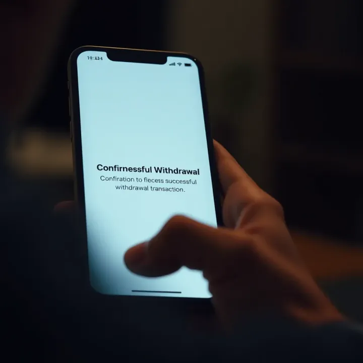 Mobile device displaying the confirmation of a successful withdrawal transaction on Quotex