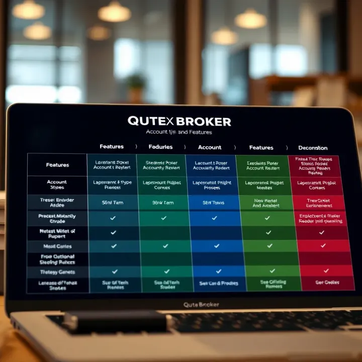 Comparison chart showing different account types and features offered by Qutex Broker